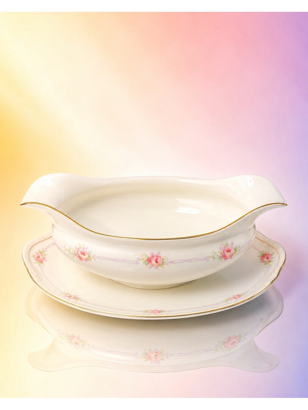 Noritake 1910s Mystery 84 Lorraine Pink Rose Gravy Boat With Underplate, 8.5x5”